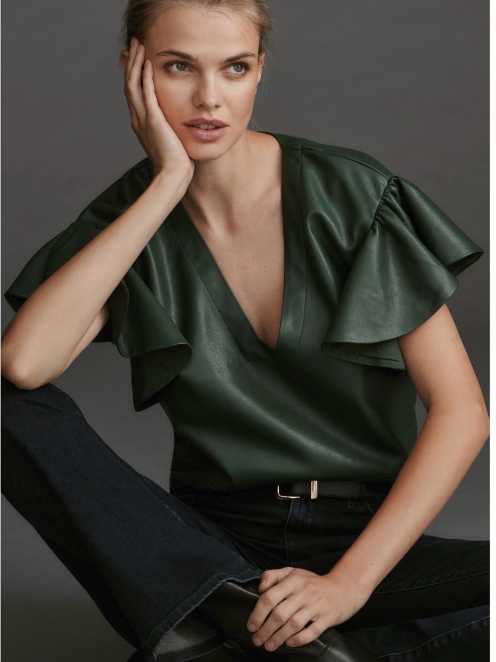 Maeve Dark Green Faux-Leather V-Neck Ruffle Sleeve Top